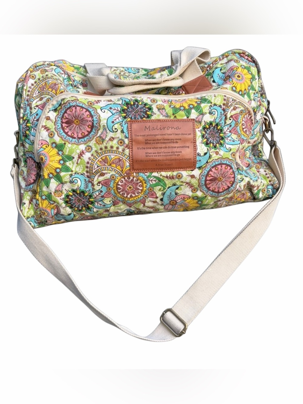 MALIRONA Multicolor Green Yellow Floral Canvas Lrg Duffle Bag Travel Side Pocket